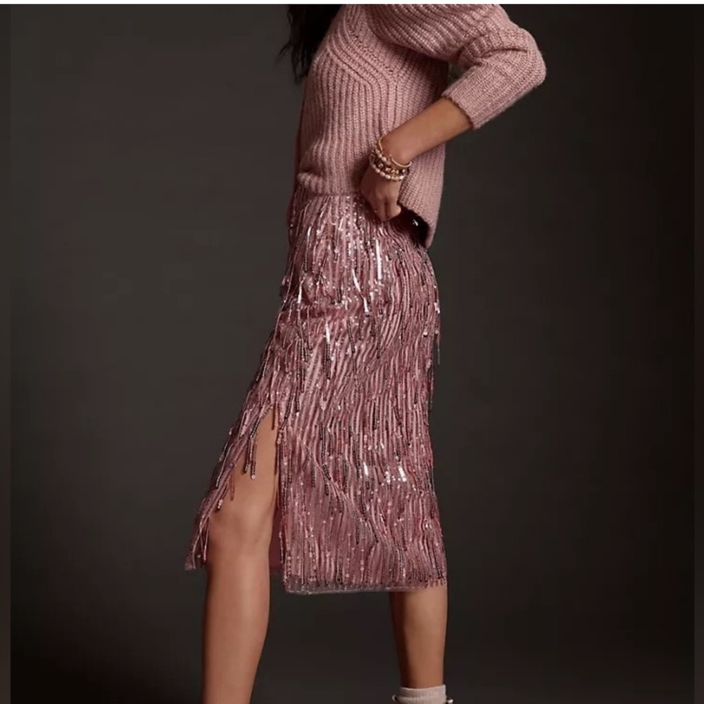 Anthropologie Maeve Pink Sequin Pencil Skirt Evening Formal Fringed Midi - Picture 3 of 14